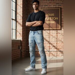 Y2K LVDENIM Men's Louis Vuitton-Marc Jacobs Distressed Blue Jeans 42x32